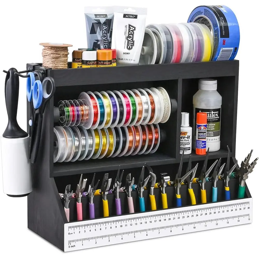 DIY Craft Working Table Bench with Storage for Tools, Wire, and Glue, Ideal for Beads and Accessories, Black