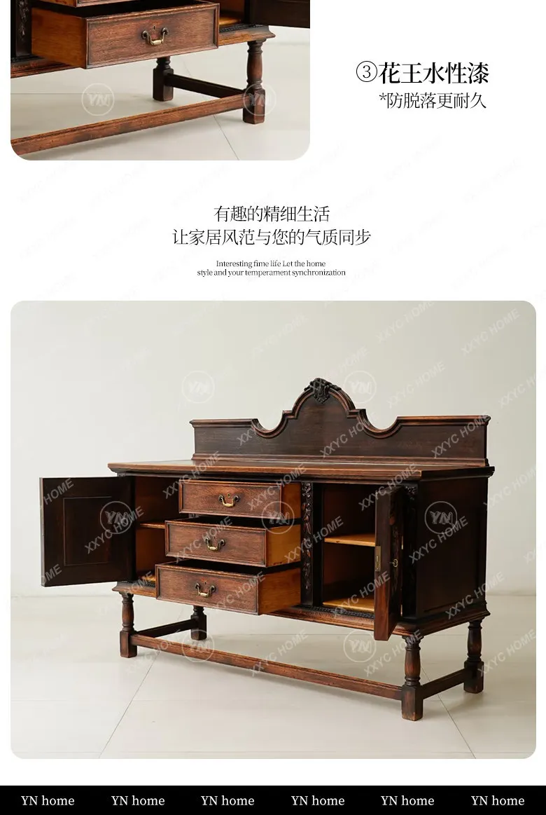 A Medieval style wood color locker retro solid wood carving flower dining side cabinet