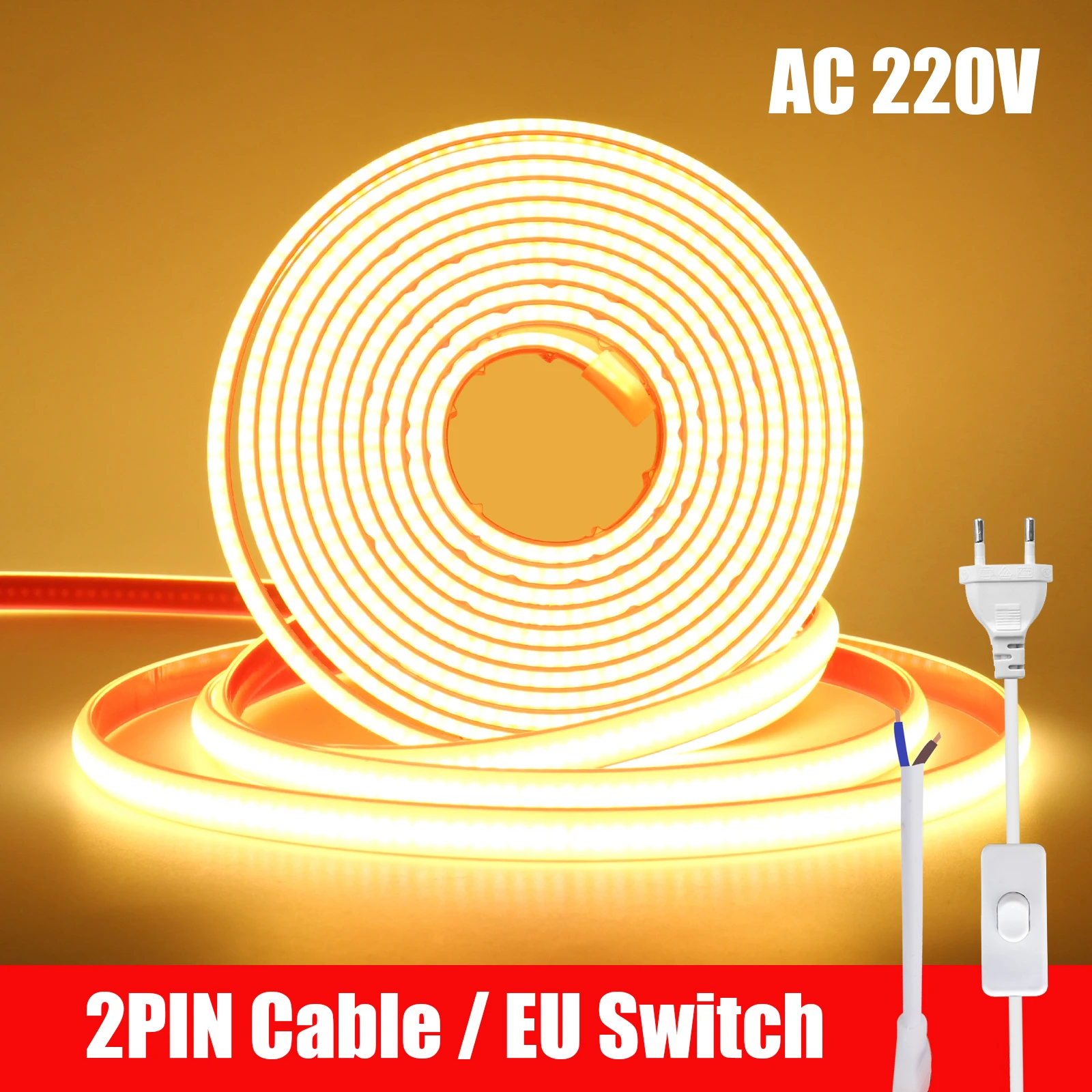 AC 220V COB Strip IP65 Waterproof With EU Switch/2PIN Cable 240Leds/M 3000K 4000K 6000K Flexible Ribbon Rope LED Light