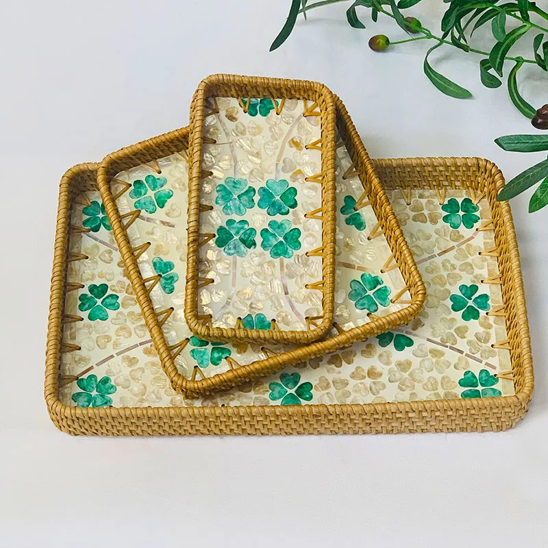 اليدوية الروطان مستطيلة أربع أوراق البرسيم شل صينية ثلاث قطع مجموعة 36*22 /20*20*10 سنتيمتر