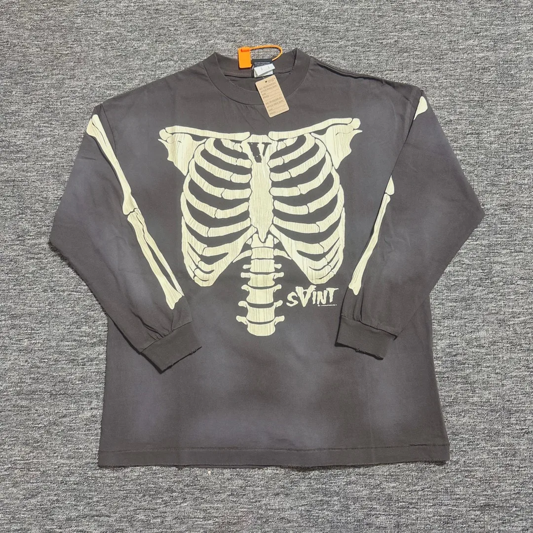Saint Skeleton Rib Cage Print Long Sleeve Shirt Men Women Vintage Washed Oversized Graphic Tee Gothic Retro Streetwear Casual