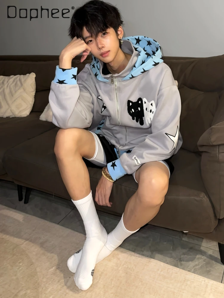 

American High Street Style Star Cat Drop Shoulder Sleeve Hooded Sweatshirt Men's Loose Casual Gray Velvet Jacket