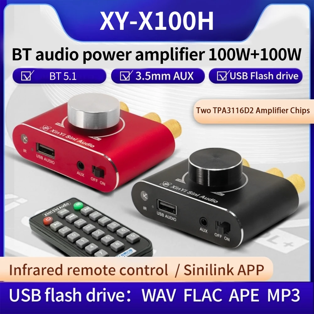 X100H Amplificador digital compatível com Bluetooth 5.1, 100W + 100W, DC 9-24V, Dual-Core, TPA3116D2, USB, Suporte de decodificação, WAV, FLAC, APE, MP3