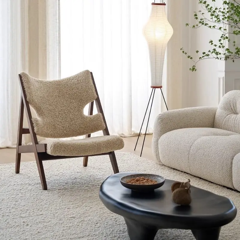 

Knitted lounge chair, French retro medieval solid wood sofa chair, cream wind lamb wool single sofa chair