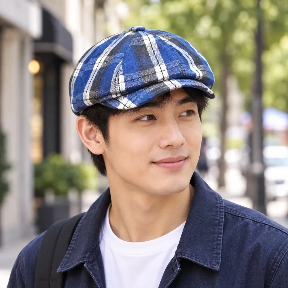 Fashion Short Brim Plaid Beret Hat Thin Lightweight Breathable Artist Painter Hat Casual Vintage Octagonal Cap Spring Summer