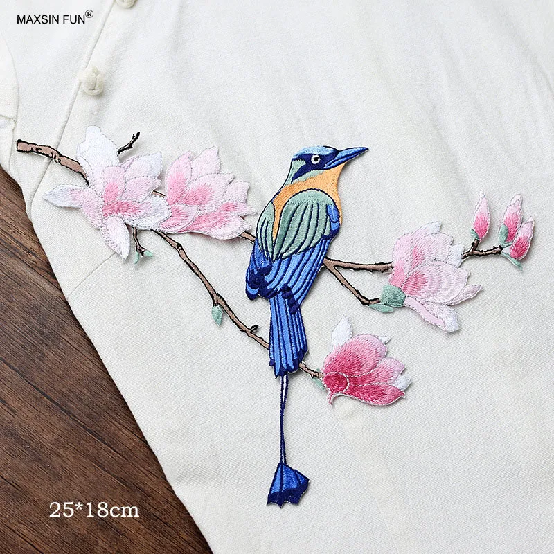 1 Piece 24*18cm Iron on Patch Embroidered Bird Flowering Branch Stickers for Clothing Bag DIY Decoration Accessories Applique