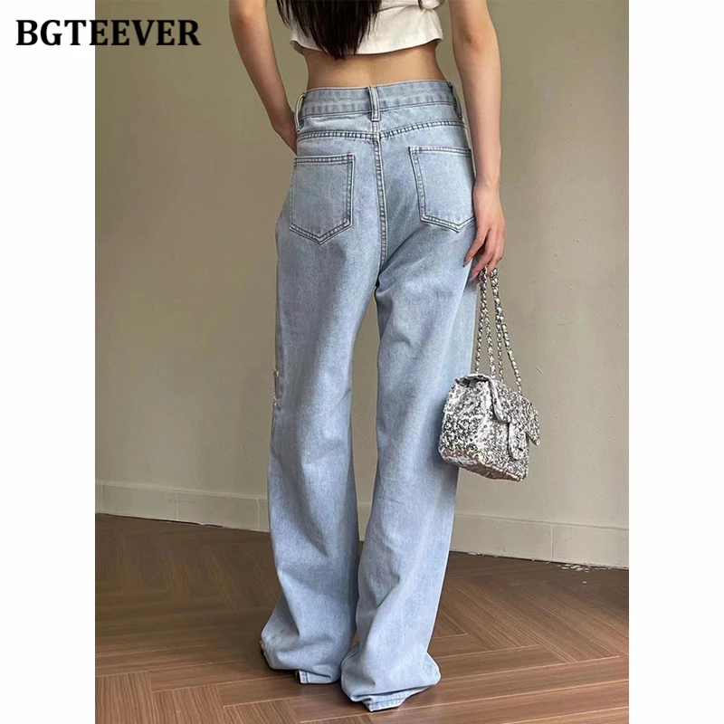 Bgteever-calças jeans longas soltas para mulheres, cintura alta, com bolsos, verão