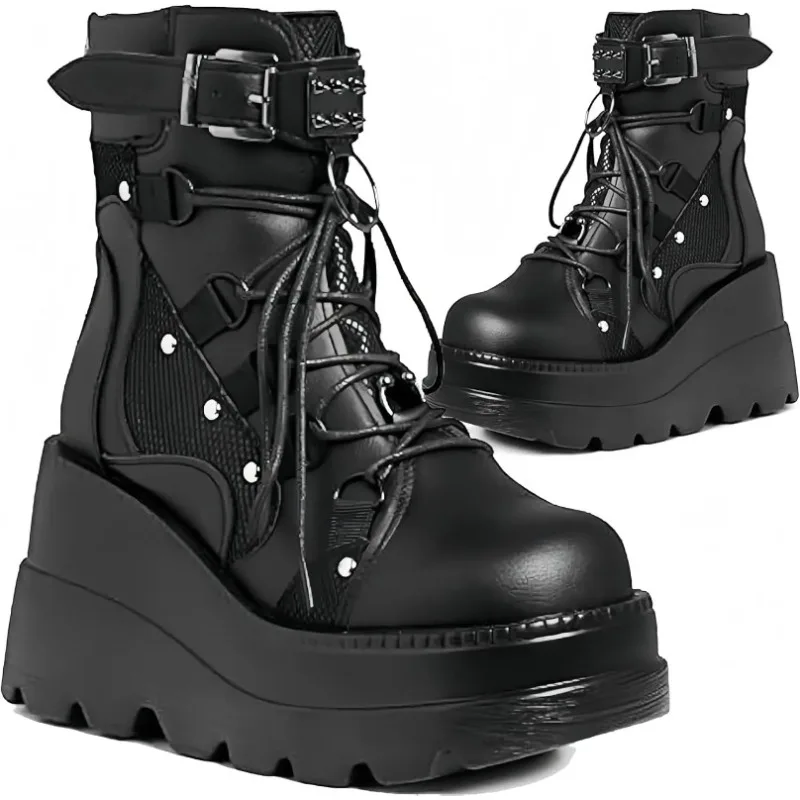 Women's Goth Cosplay Wedge Combat Ankle Boots Fashion Stylish Punk Buckle Lace-up Zipper Dress Boots Ladies Winter Outdoor Shoes