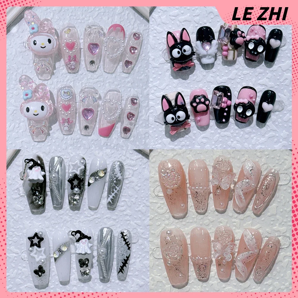 Handmade Long Coffin Cartoon Cute Fake Nails Cinnamoroll Mymelody Kuromi Heavy Metal Wind Artifical Nail Party Stickers