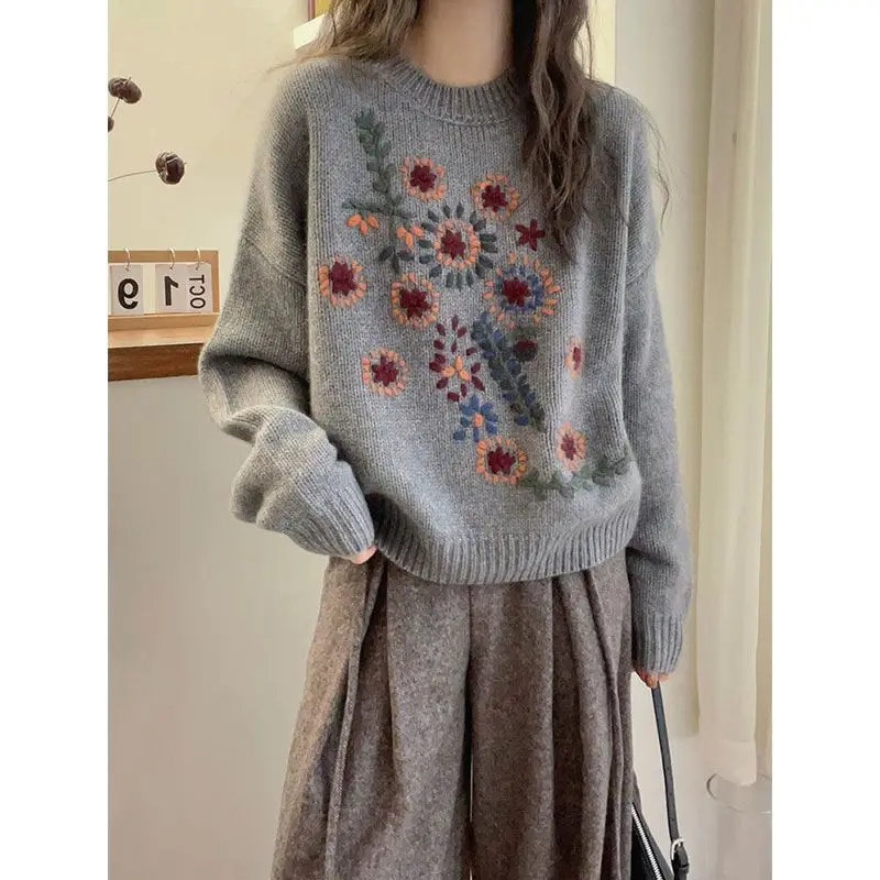 

Свитер, трикотаж, женский серый жаккардовый утолщенный мягкий пуловер, женский зимний толстый вязаный топ с вышивкой, теплый