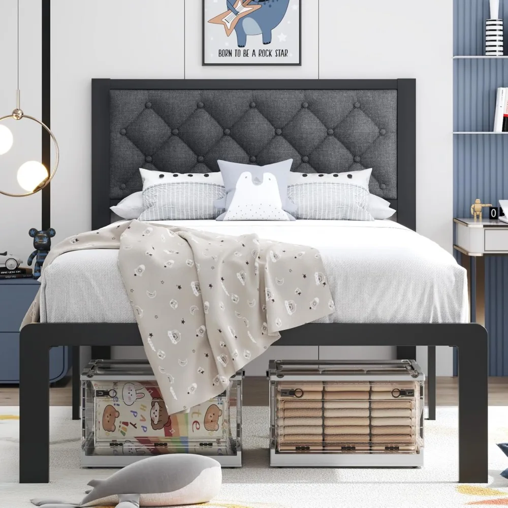 HISOFT Estructura de cama doble con cabecero tapizado con botones, plataforma de estructura de cama, soporte de listones de metal, almacenamiento debajo de la cama, sin Bo
