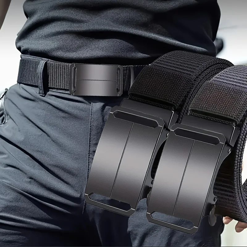 1pc Men's Automatic Buckle Belt - Sporty Black Canvas Belt with Embossed , Outdoor & Gym Training - Durable Adjustable Waistband