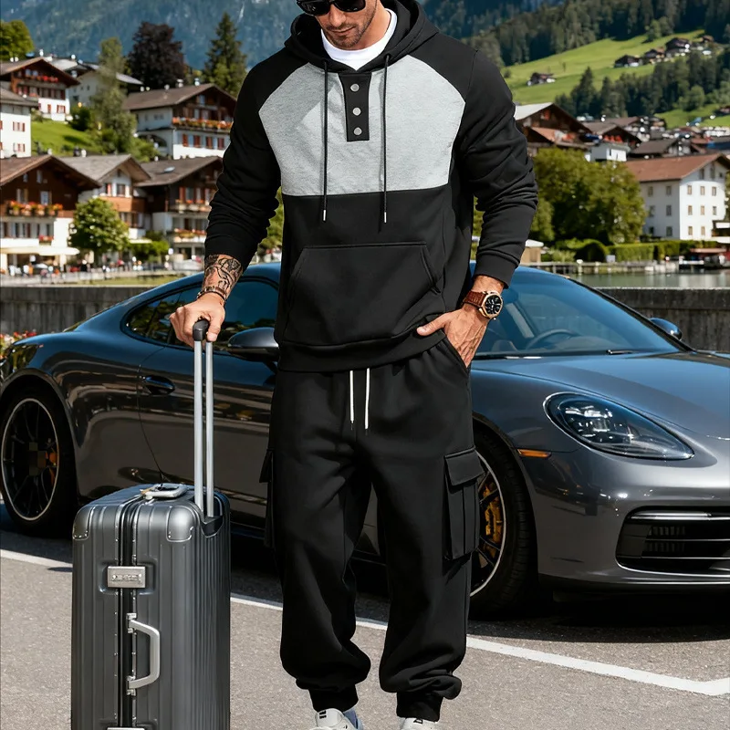 Men's Color Block Hoodie Set Casual Half Button Hooded Sweatshirt Cargo Jogger Pants 2 Piece Tracksuit gallery 4