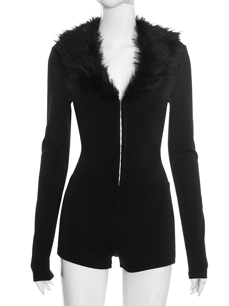 Strano gatto di lusso peloso patchwork pagliaccetto donna sexy monopetto profondo scollo a V manica intera tendenza Street Club stretch tute