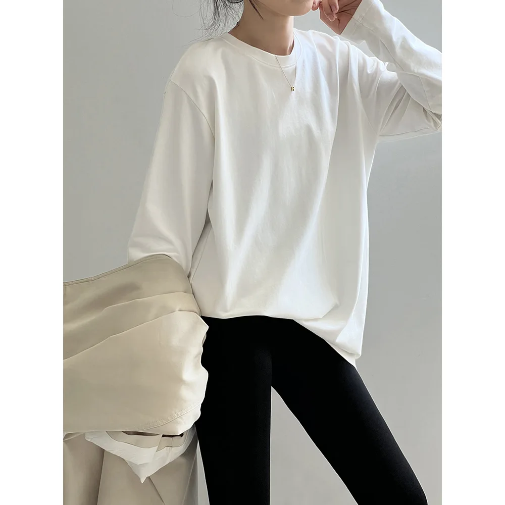 

Korean round neck versatile solid color long sleeved T-shirt for women's spring new style loose base top