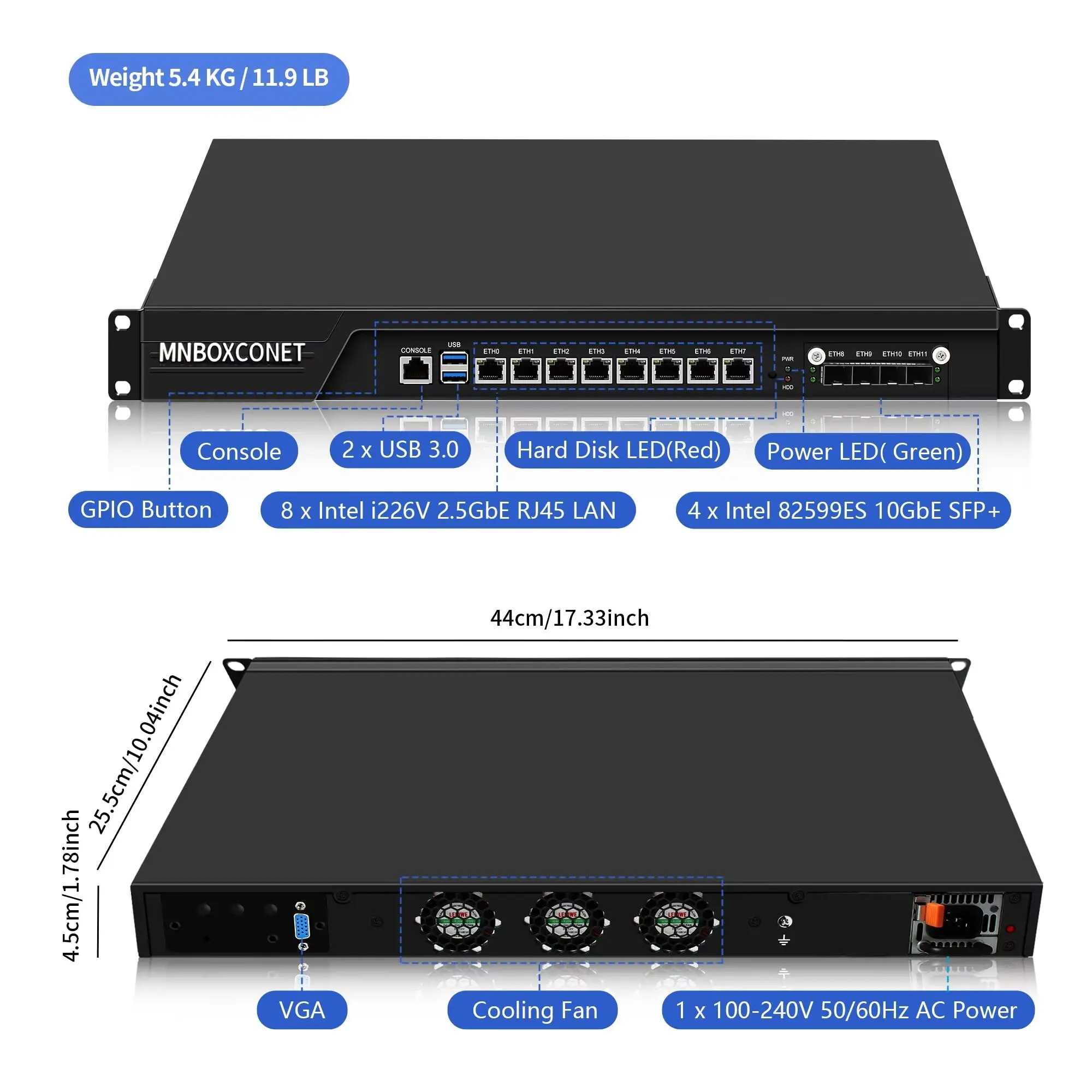 MNBOXCONET 1Uラックマウントサーバー 19インチ ファイアウォールルーターアプライアンス Core i5-7500、4 x 10GBE B250ネットワークキャビネット、8 x 2.5ギガビットLAN