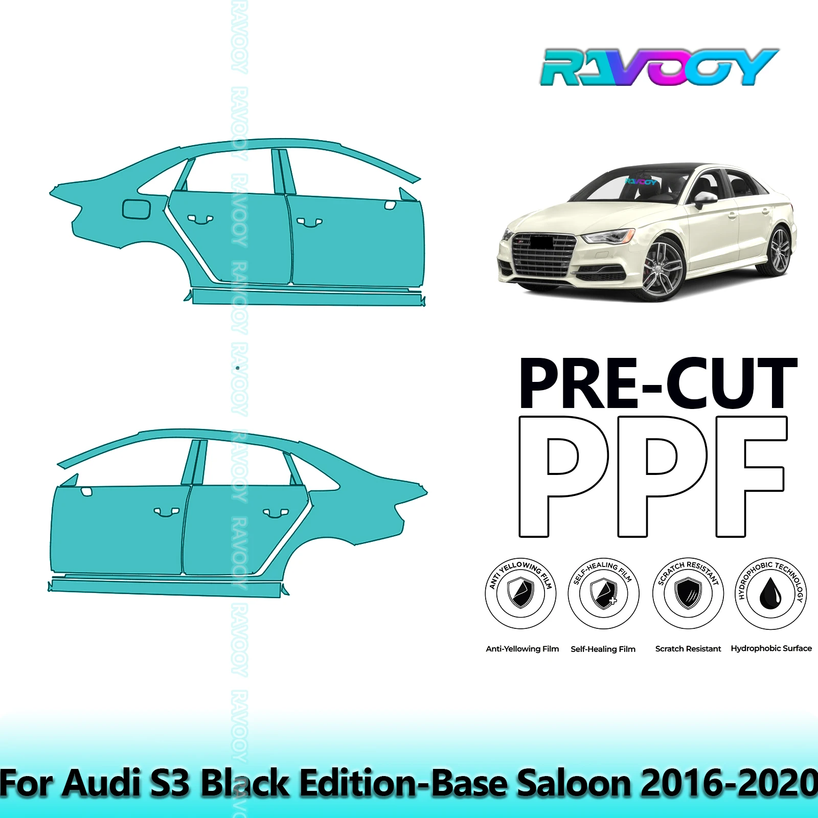 

For Audi S3 Black Edition-Base Saloon 2016-2020 8.5mil Pre-Cut PPF Door & A/B Pillar Kit TPU Paint Protection Film Set