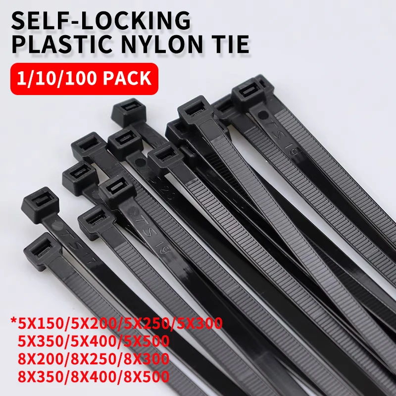 5*150-8*500 Self-Locking Nylon Black Cable Band Large Strong Plastic Fixed Buckle Wire Bundle