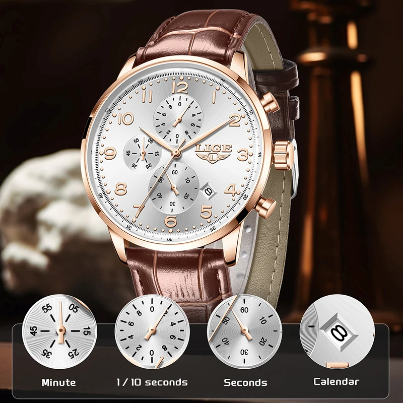 LIGE الرياضة الفاخرة الرجال ساعة كوارتز مقاوم للماء كرونوغراف تاريخ رجل ساعة اليد الأعمال جلدية ساعات رجالية ساعة Montre أوم