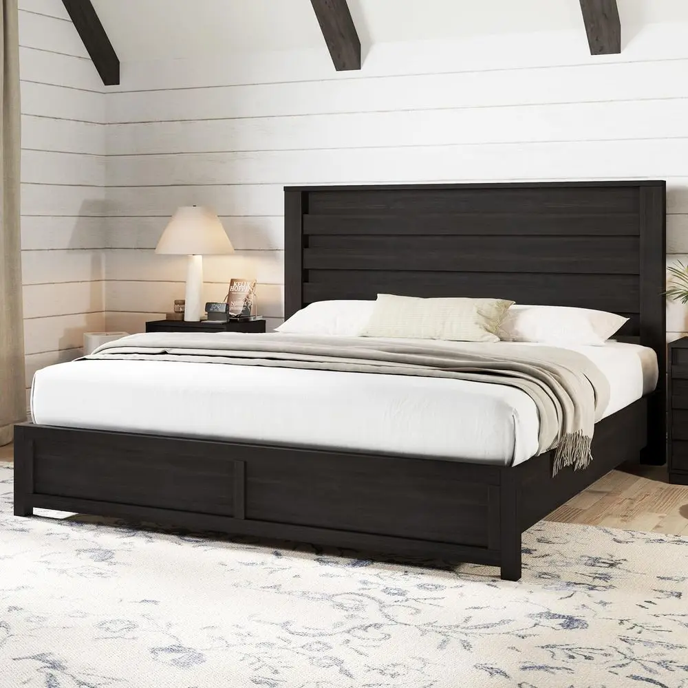 

Farmhouse King Size Bed Frame with 49 Fluted Headboard, Wood Platform Bed with Natural Grain, No Box Spring Needed Noise Free,