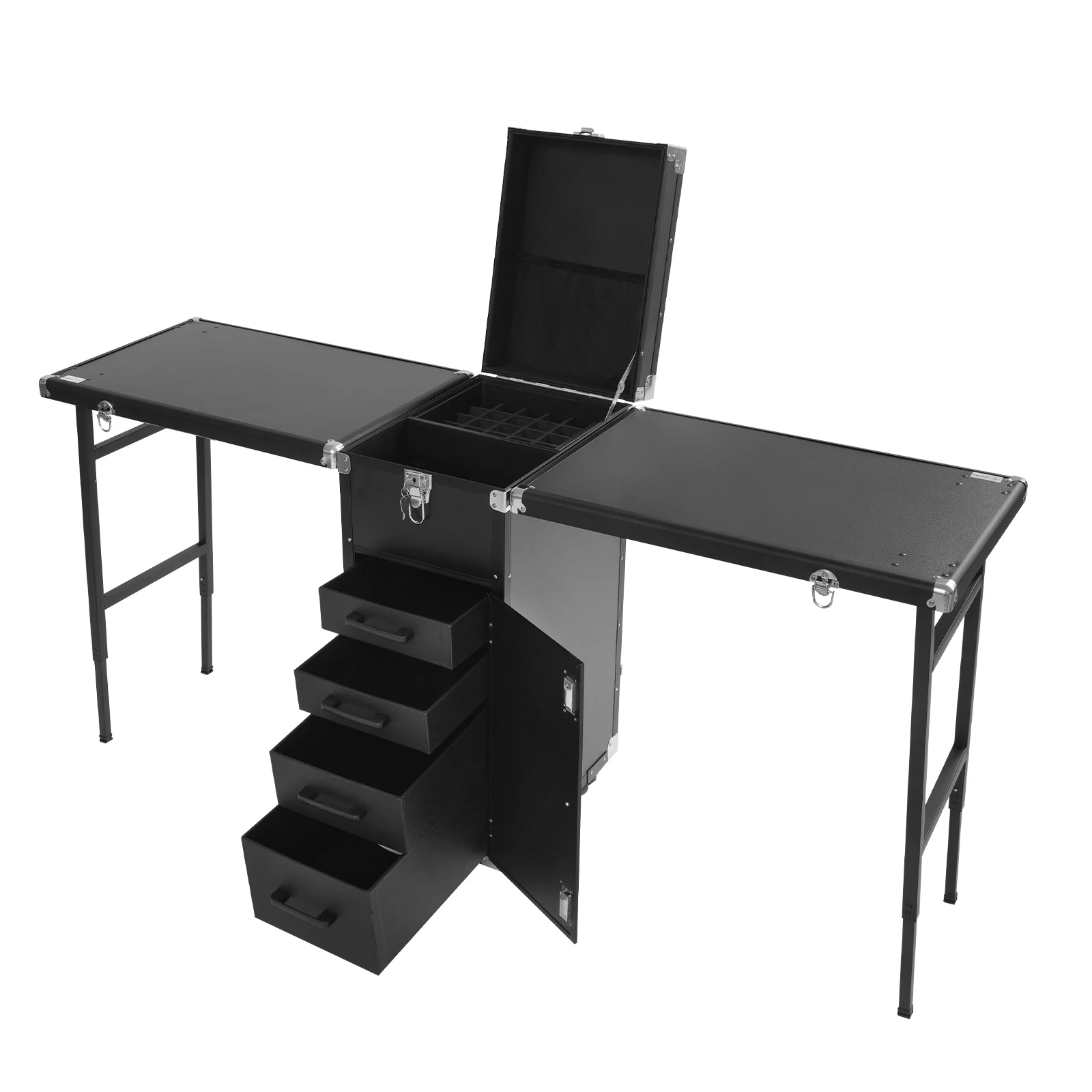 Dual Artist Portable Makeup Train Case, Portable Nail Table Desk with 4 Wheels, Rectangular Makeup Station Box for Professional Make-Up Artists, Hair Stylists