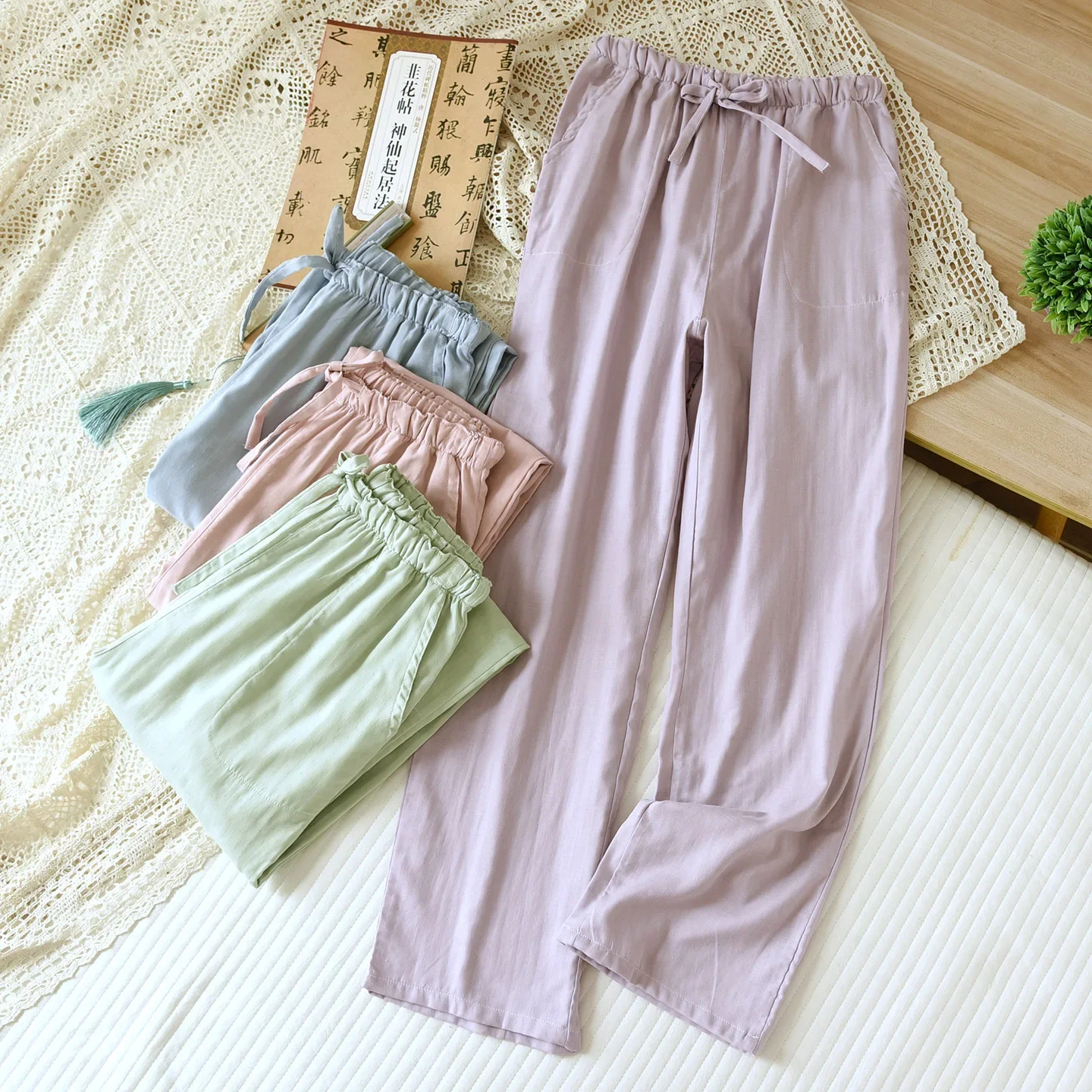 

Couple's Cotton Trousers with Pocket Women's and Men's Sleeping Pants for Spring and Autumn Solid Color Homewear Pants
