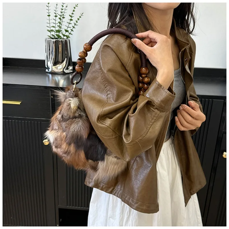 

Vintage Beaded Shoulder Bag Winter New Fox Fur Design Dinner Handbag Fashion Simple Stitching Contrast Color Bag