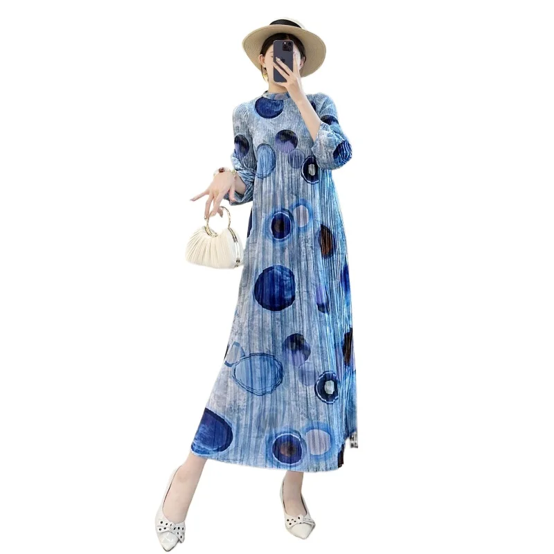 미야케 플리츠 도트 프린팅 여성용 3/4 소매 드레스 신축성 있는 루즈 스탠드 칼라 블루 여성 의류 시크 2025 신상