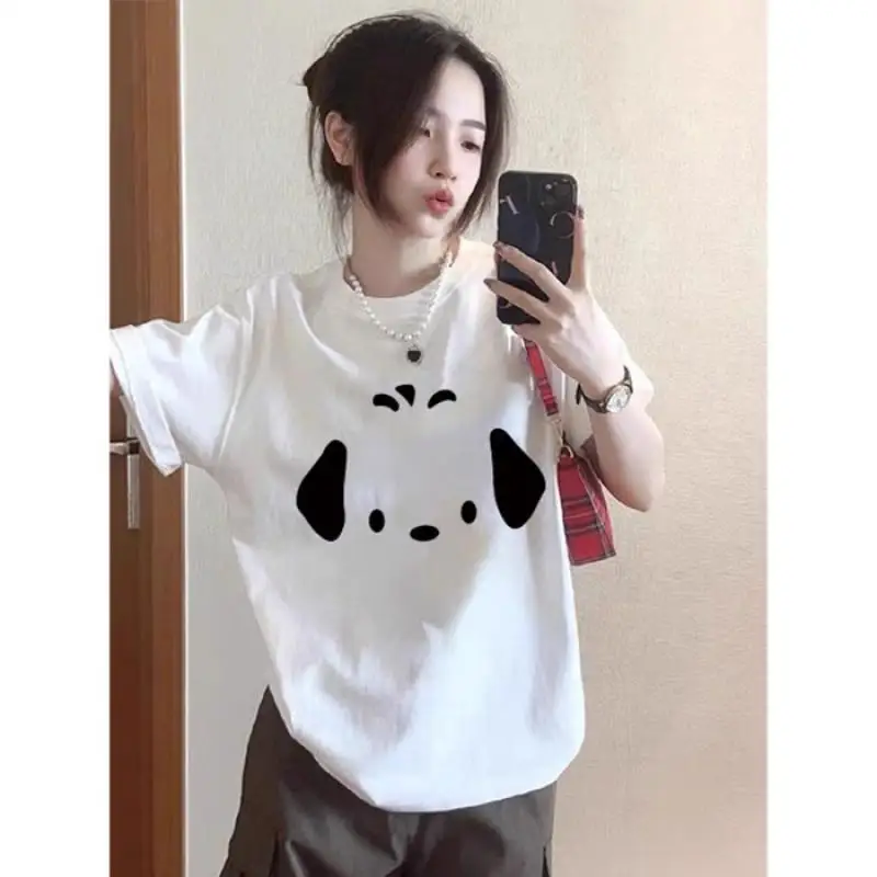 Camiseta de manga corta estampada informal, cómoda y a la moda con perro Sanrio, tops sueltos sencillos de verano para mujer, ropa de moda para exteriores