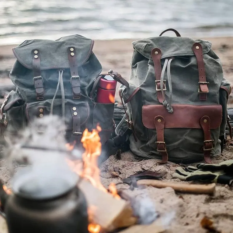 

Vintage Waxed Canvas Backpack with Leather Accents Multi - Pocket Rucksack for Men Durable Travel Hiking Daily Bag