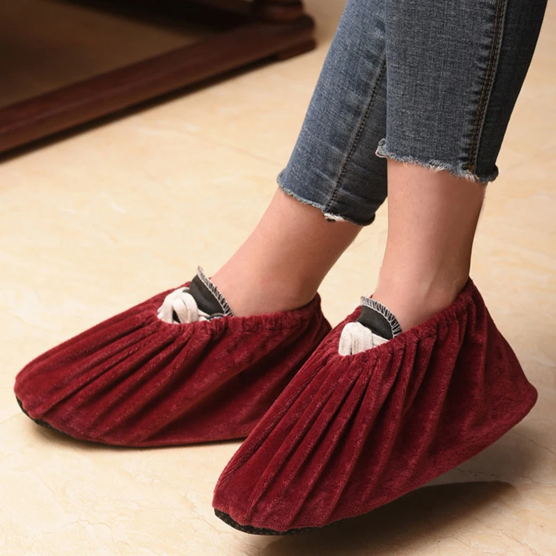 1Pair Household Flannel Shoe Covers Thick Reusable Non-slip Overshoes Indoor Keep Floor Carpet Cleaning Shoes Slippers Protector