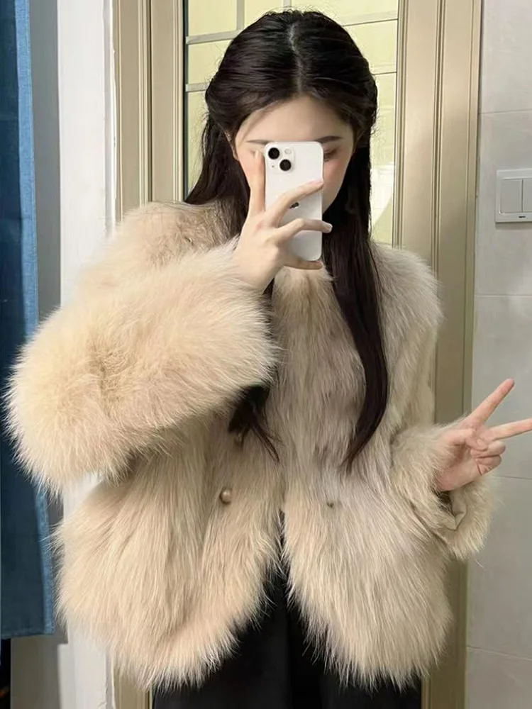 Nepbont Vrouwen Elegante Jas Winter Mode Lange Mouw Warme Jas Koreaanse Faux Vos O Hals Vrouwelijke Zoete Effen Chic Uitloper Tops