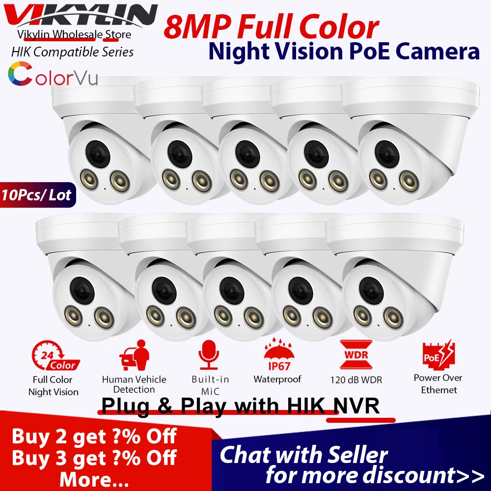 Vikylin 4K ColorVu IP Camera HIK Compatible Full color NIGHT CAMERA Colorful 8MP 5MP Build in MiC PoE Security CCTV Black 10PCS