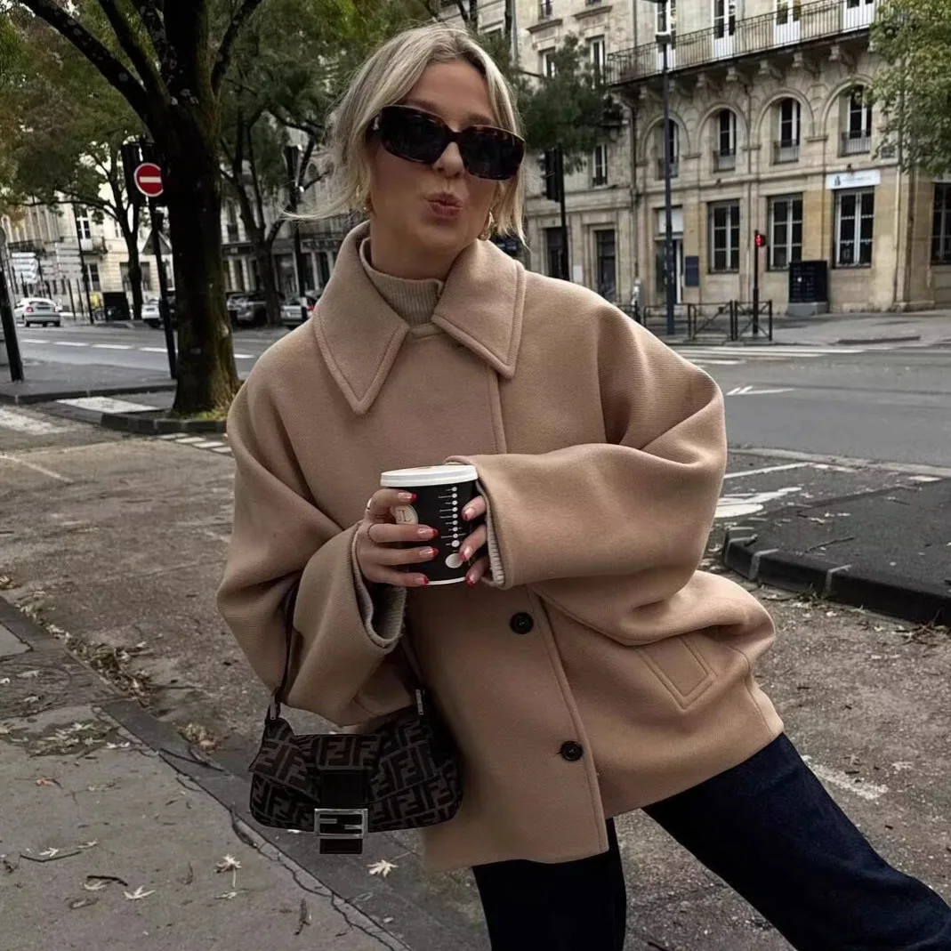 

Women's Wool Blend Loose Fit ort Coat Cross-Border Sle Long Sve Button up Pure Color Faionable Autumn Outerwear