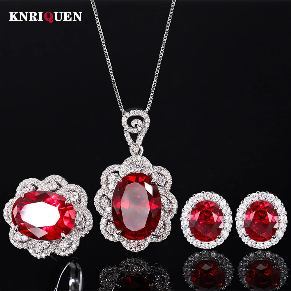 

Vintage Lab Ruby Gemstone Necklace Pendant Ring Stud Earrings High Carbon Diamond Party Fine Jewelry Sets for Women Accessories