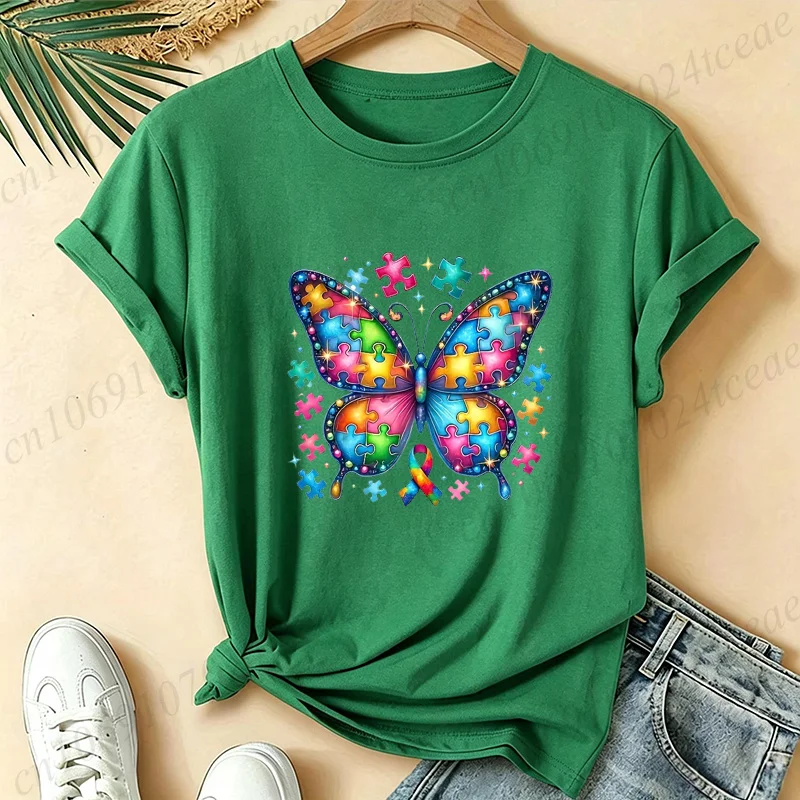 Women Autism Awareness Rainbow Butterfly Print T Shirt Autism Acceptance Butterfly Graphic T-Shirts Short Sleeve Tee Shirts Tops