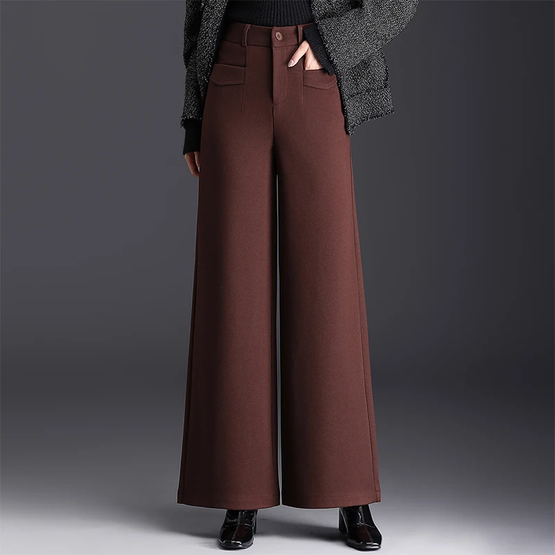 ZUZK 패션 신상 울 와이드 레그 팬츠 겨울용 따뜻한 하이웨이스트 캐주얼 스트레이트 롱 팬츠 플러스 사이즈 6가지 색상 캐주얼 시크 여성용