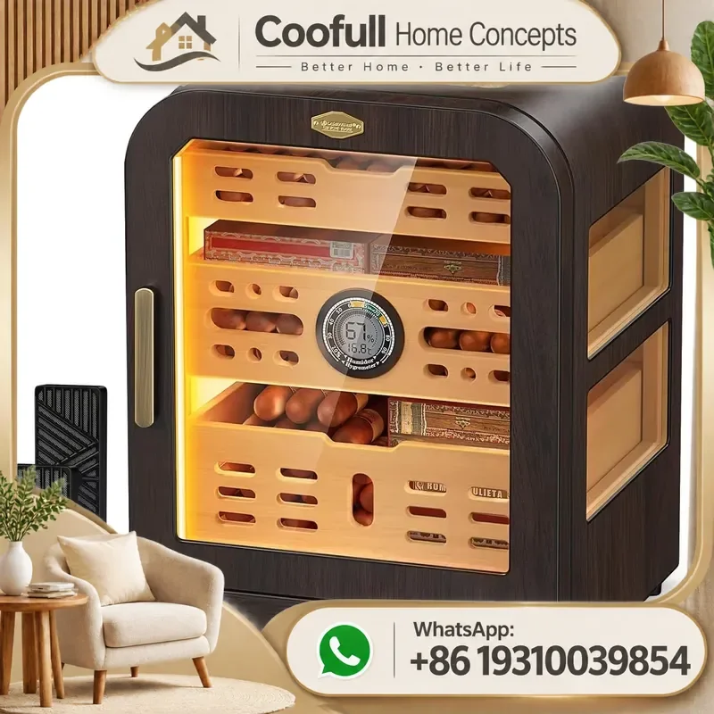 Cigar Humidor Cedar Wood Cabinet For 80-120 Cigars With LED Light Digital Thermometer Humidifiers Storage Box