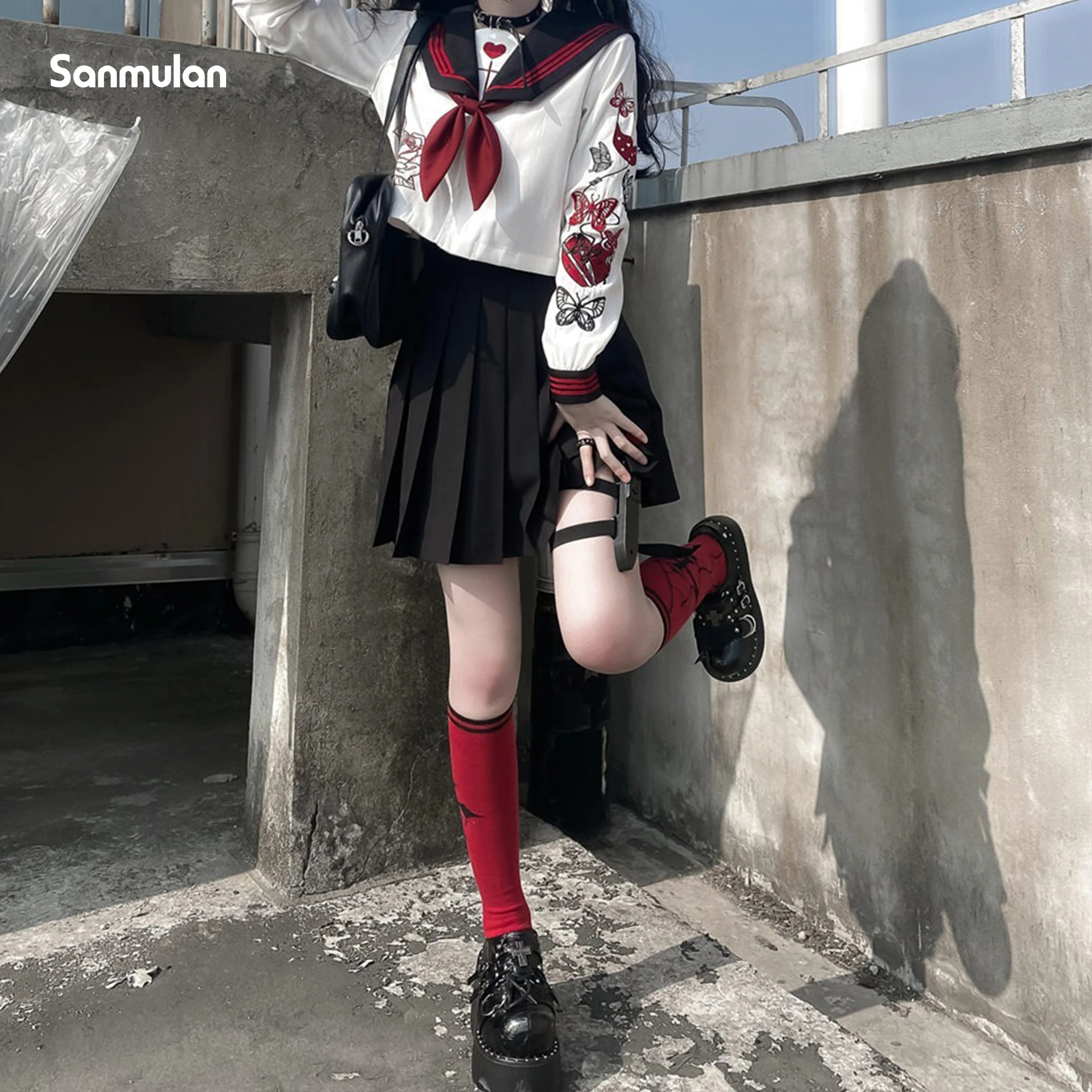 

Nicemix Women Preppy JK Suit Genuine Japanese Dark Jk Uniform Shirt + Black Pleated Skirt Punk Girl Embroidered Sailor 2pcs Suit