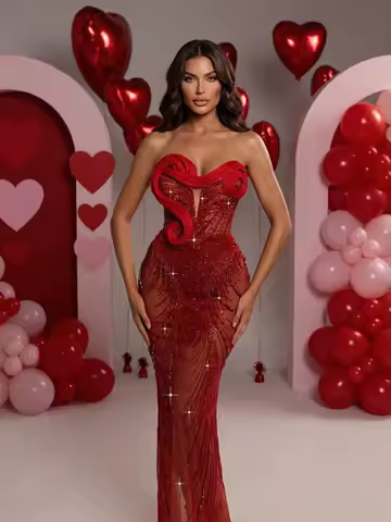 Red Sequin Embellished Strapless Evening Gown, Fitted Elegant Dress for Valentine's Day, New Year, Wedding