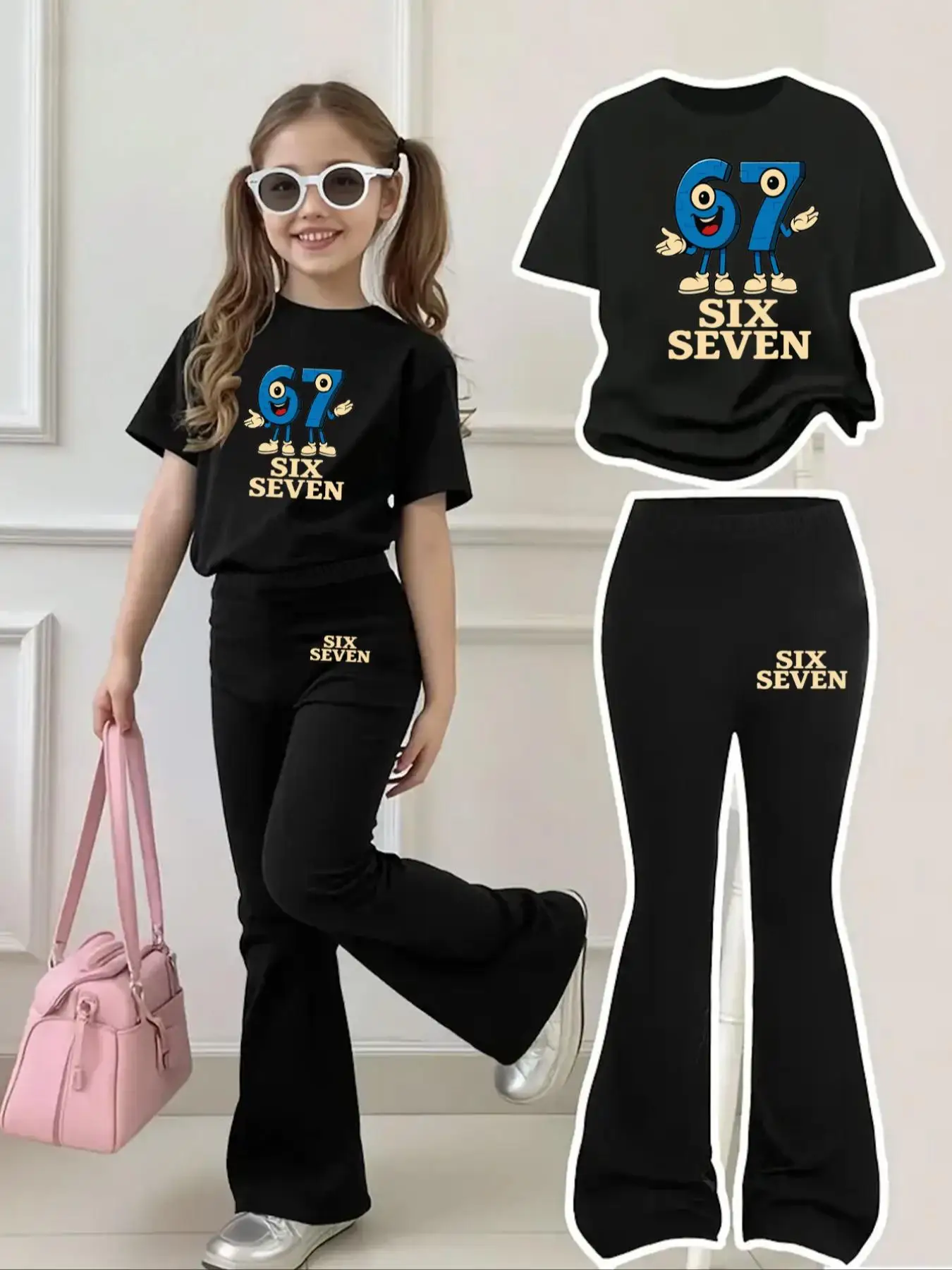 Niedliches Cartoon-Kurzarm-Set mit Schlaghose für Mädchen von 4-12 Jahren, Blaues Cartoon-T-Shirt mit 67-Nummer + Englischer Aufdruck + Schwarze Lange Hose Zweiteiliges Set, 2026 Neuer Kleidungsstil