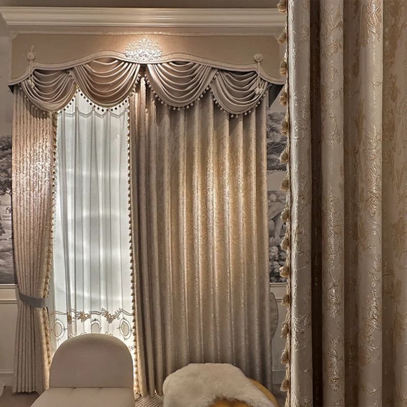 

Blue Grey Embossed Gold Thread Jacquard Thickened Blackout Curtains for Living Room Bedroom French Window Villa Customization