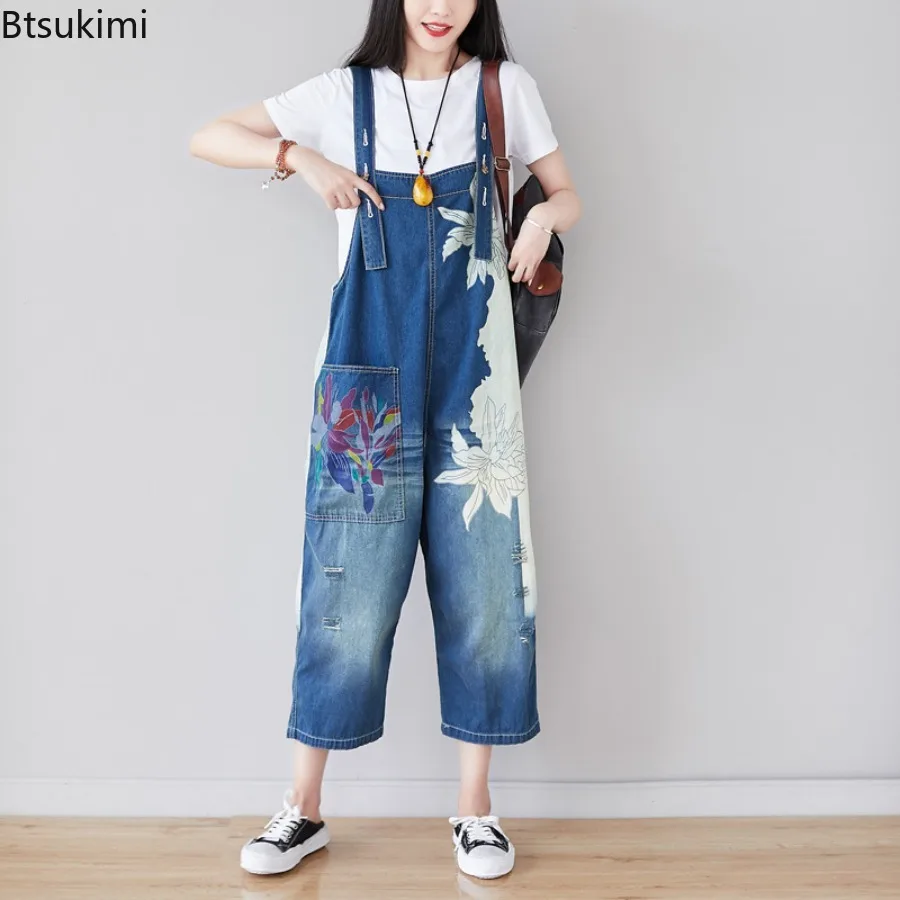 2026 Korean Fashion Women's Printed Denim Overalls Spring Casual Vintage Baggy Jeans Women Wide Leg Strap Pants Street Jumpsuits