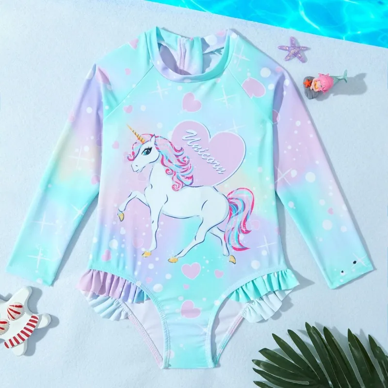 Baby Girl Swimwear Unicorn Mermaid Girls Carton Printed One-Piece Swimsuit Back Zipper Cute Beach Outwear Bathing Suits Swimming