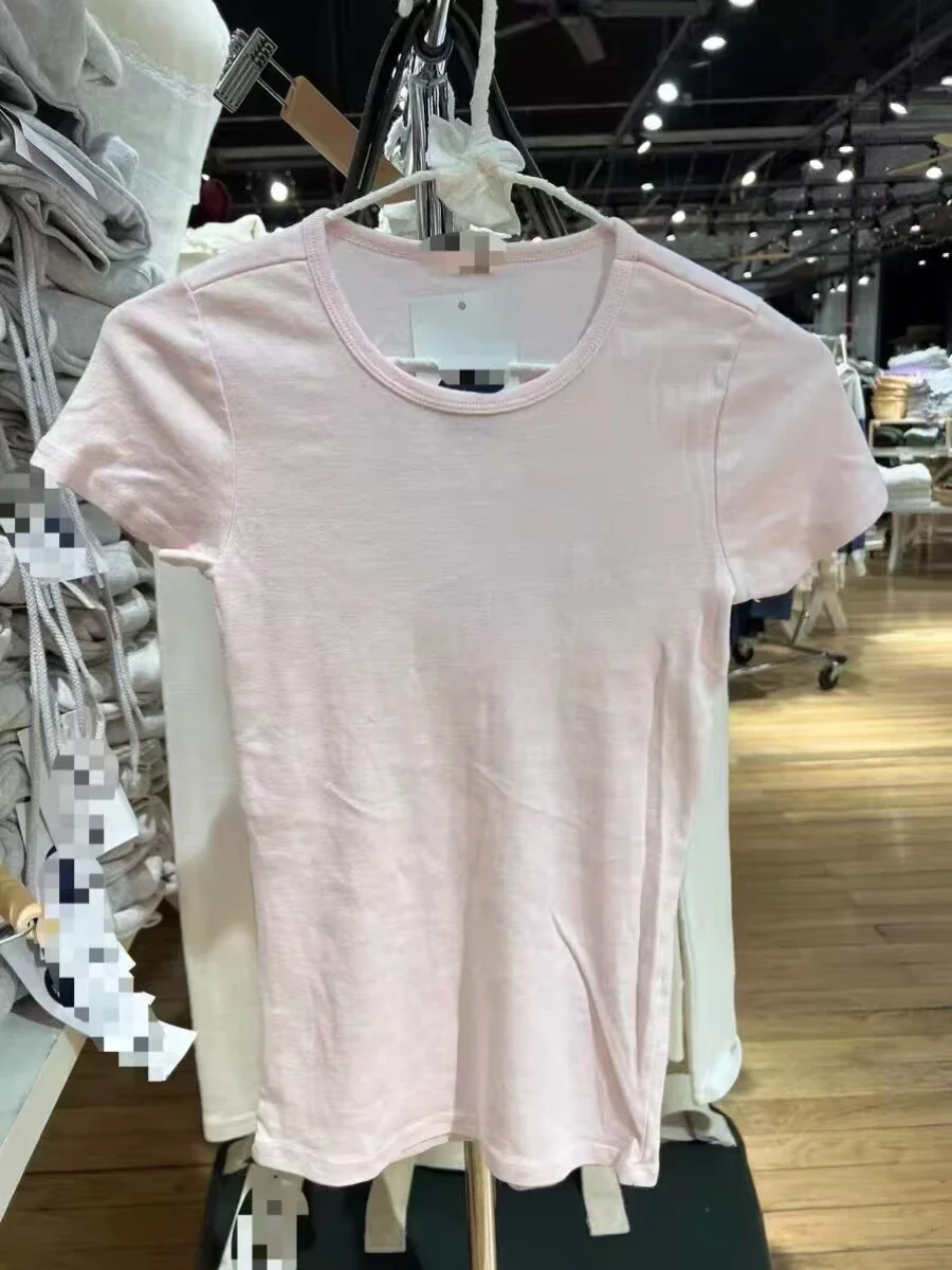 Baby Pink Slim Basic T-shirt Woman Casual Sweet Cute Solid Simple Tshirt Summer Round Neck Short Sleeve Cotton Tee Tops Y2k Top