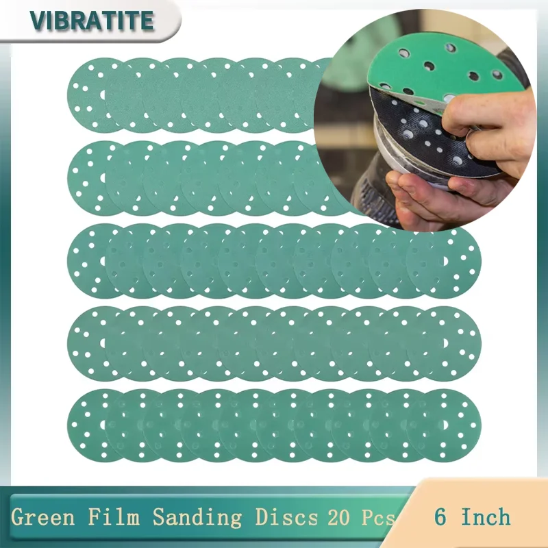 

6 Inch 20 Pcs Hook & Loop Green Film Sanding Discs 15 Hole 80-240 Grits Aluminum Oxide Wet Dry Sander Pads for Wood Metal Polish