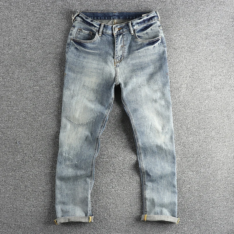 

Retro High Street Blue Washed Craft Men's Jeans Elastic Loose Straight Casual Long Pants American Style Wear Resistant