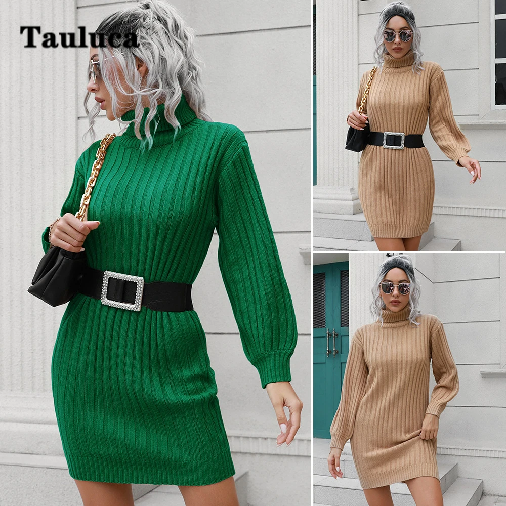 Autumn Winter New Women Pit Strip Turtleneck Sweater Skirt Lantern Sleeve Knitted Belt Short Stripe Dress Female Casual Clothing