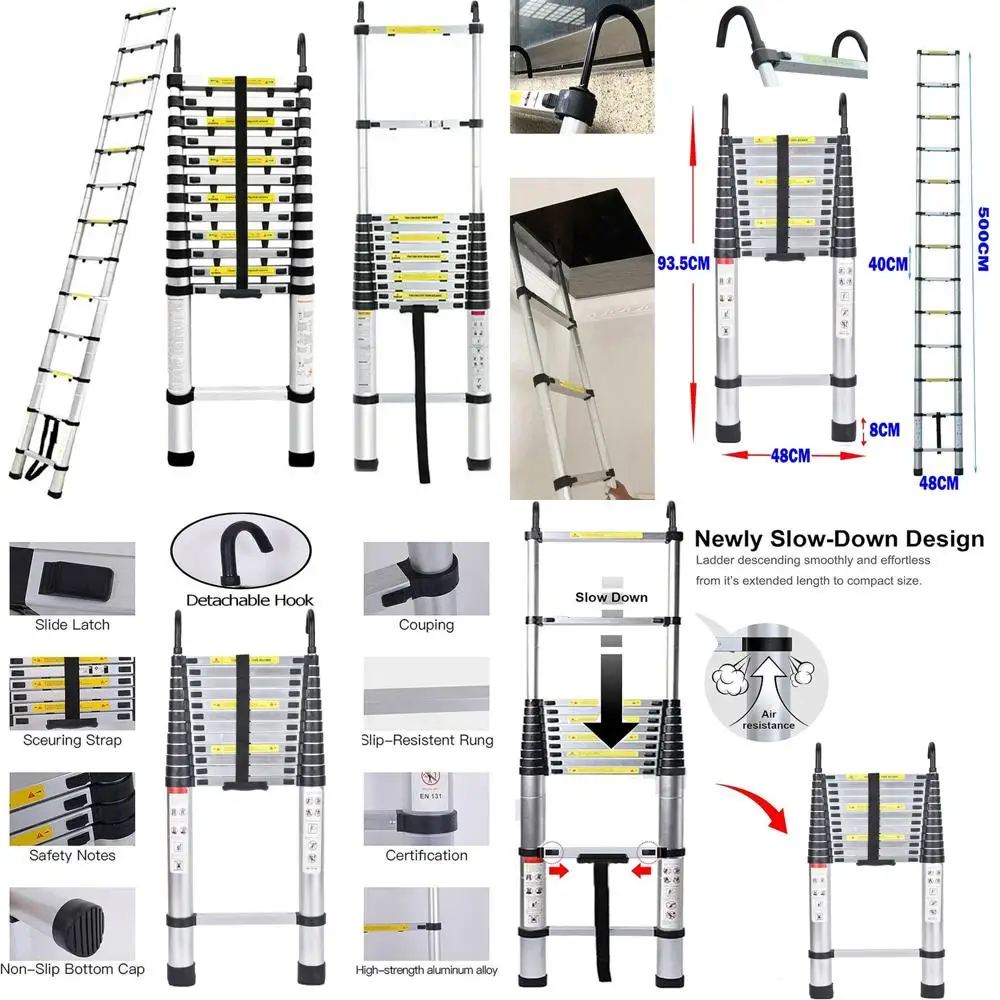 سلم تمديد ألومنيوم متداخل متعدد الأغراض مع آلية قفل وخطاف قابل للفصل لارتفاعات مختلفة وU #1