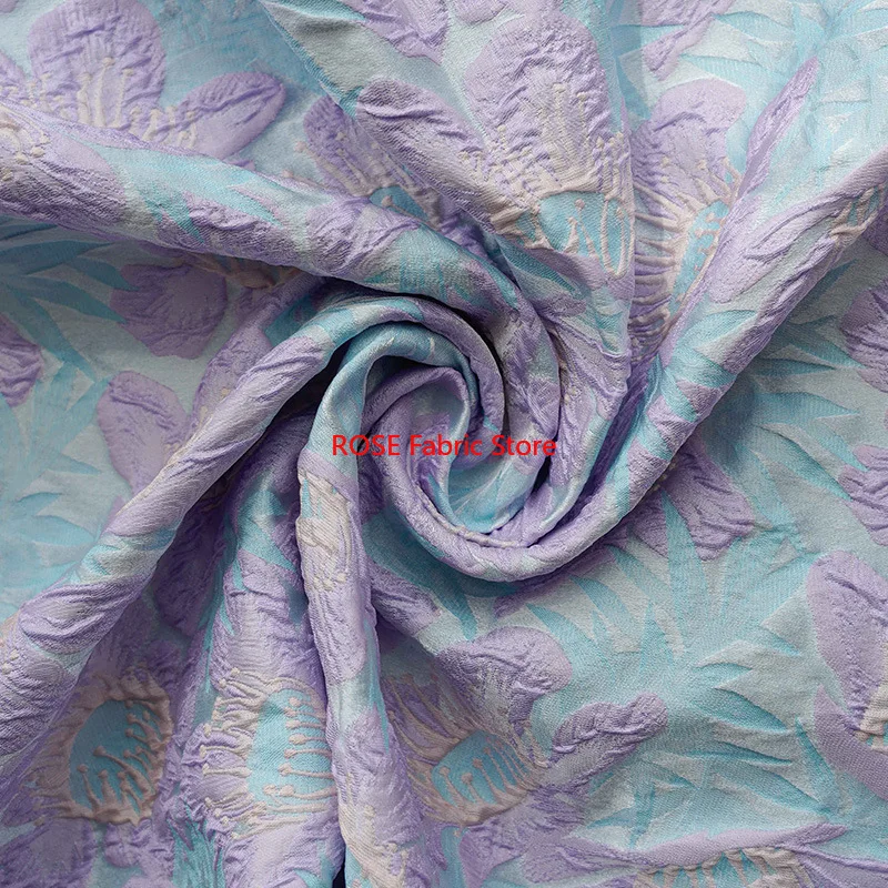 1 meter Purple Blue Large Flower Embossed Jacquard Fabric Fashion Women's Coat Dress Shoes Diy Sewing Fabric